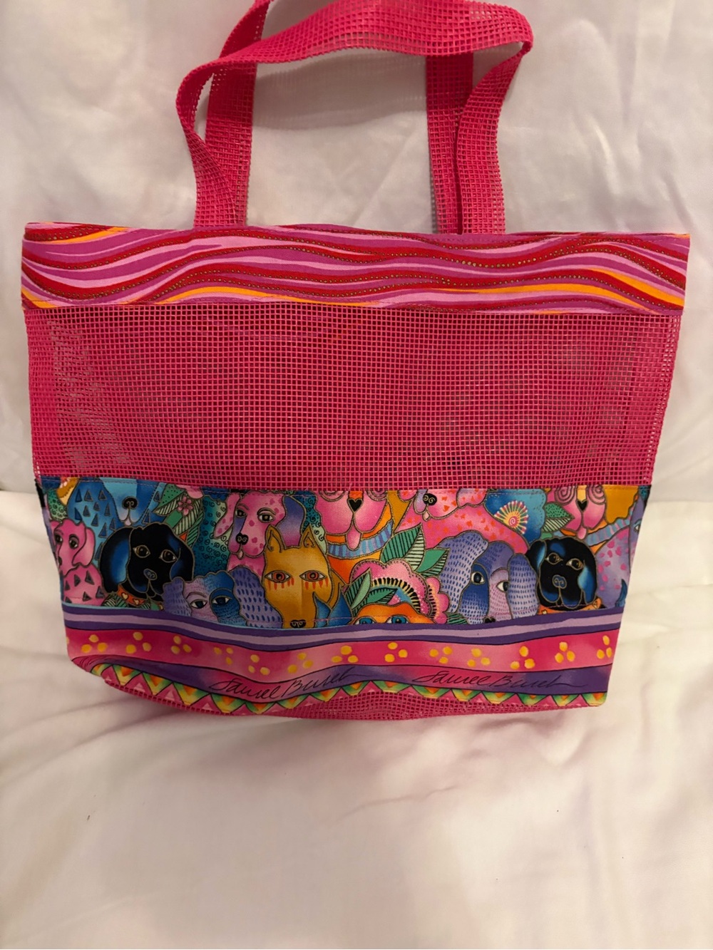 Laurel Burch Pink Mesh Tote with Multicolored Animal Band